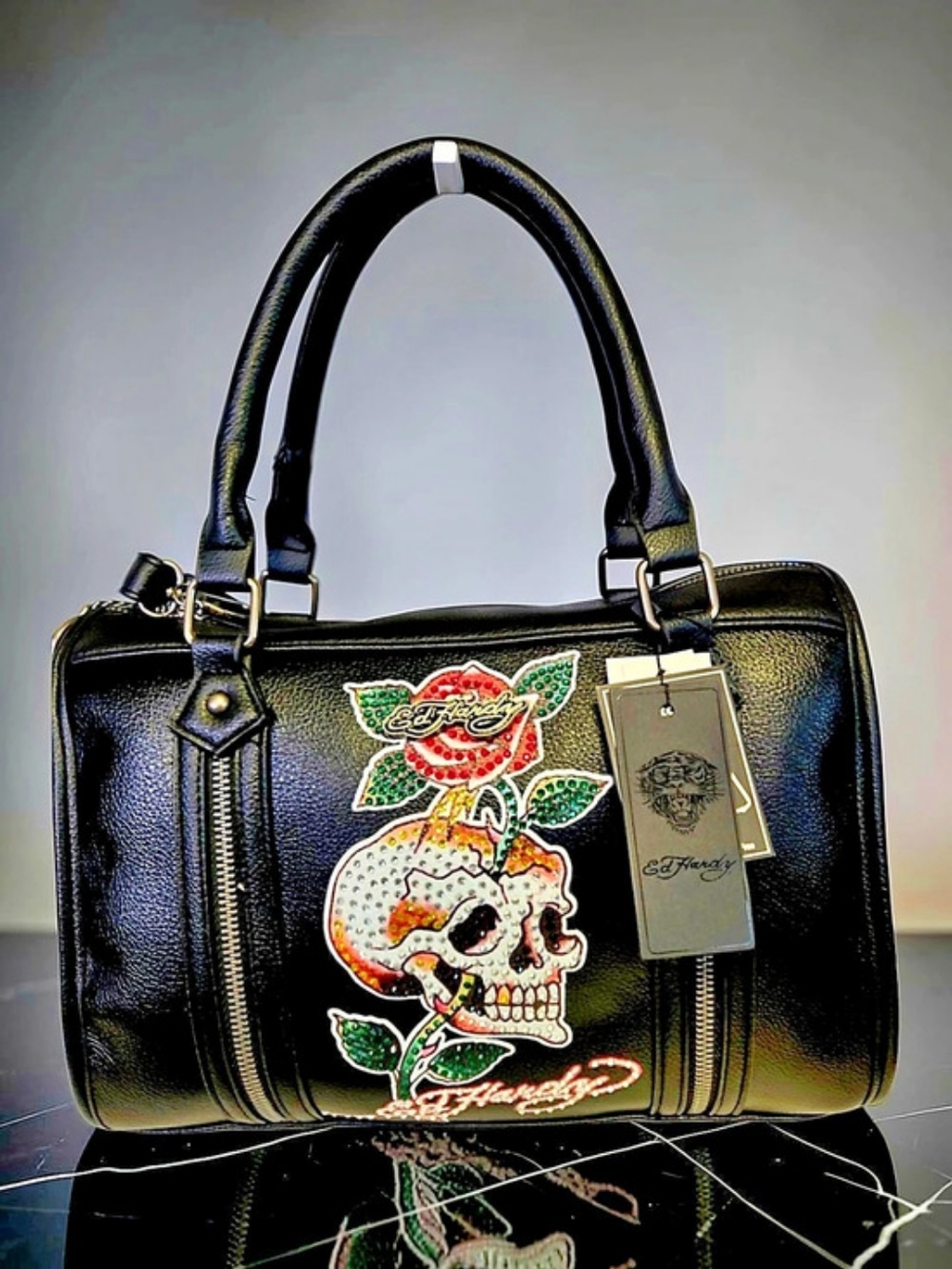 NEW Ed Hardy Satchel Y2K Handbag With Skull & Rose Rhinestones Size 12'x8'x5'